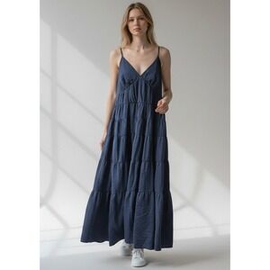 Abercrombie Fitch Dress Large Navy Blue Tiered Maxi Spaghetti Strap Tie Back